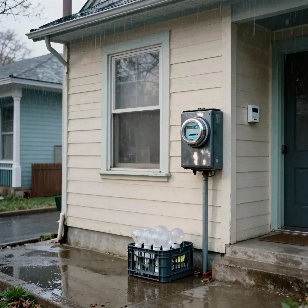 Rainy Chicago bungalow corner with electric meter, breaker box, LED bulbs, and thermostat glow.