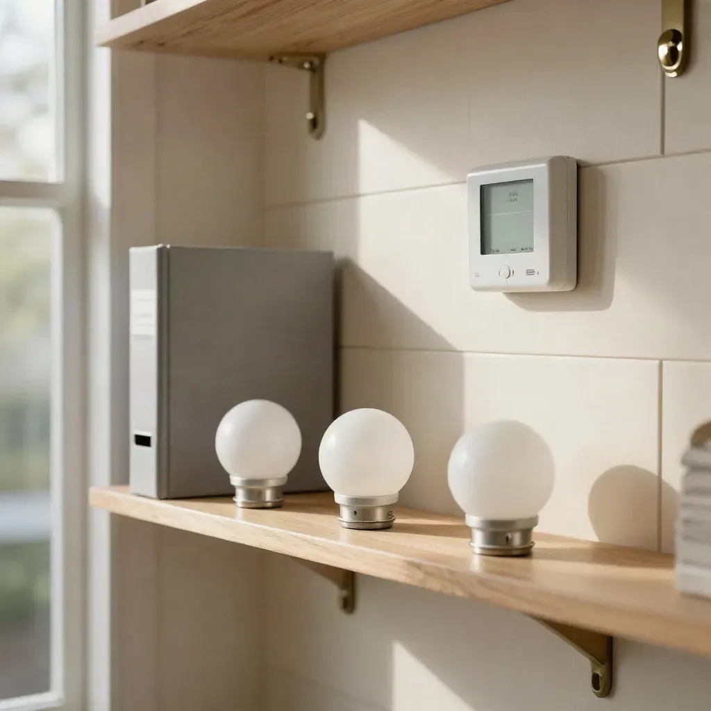 Mudroom shelf with three LED bulbs, a closed binder and thermostat in soft window light.