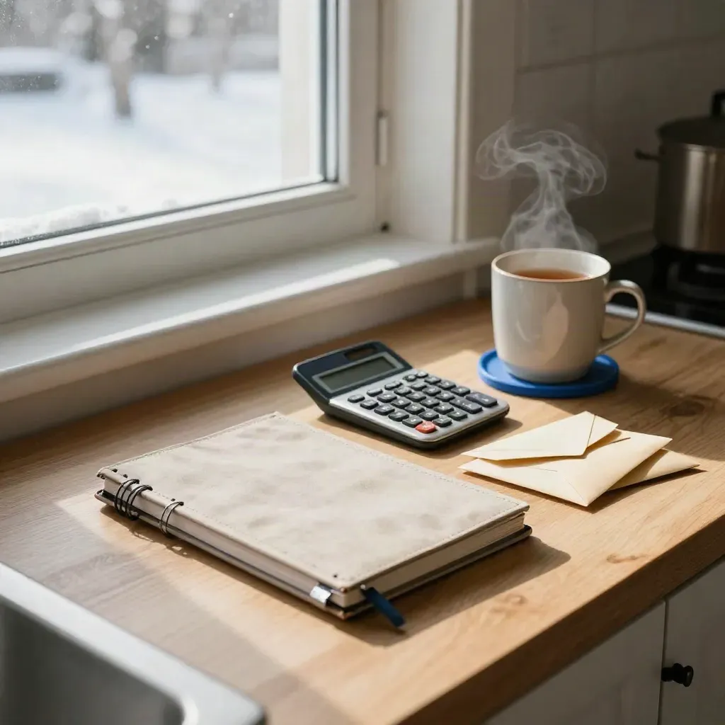 Snowy kitchen corner with calculator, closed notebook, envelopes and steaming tea by a bright window.