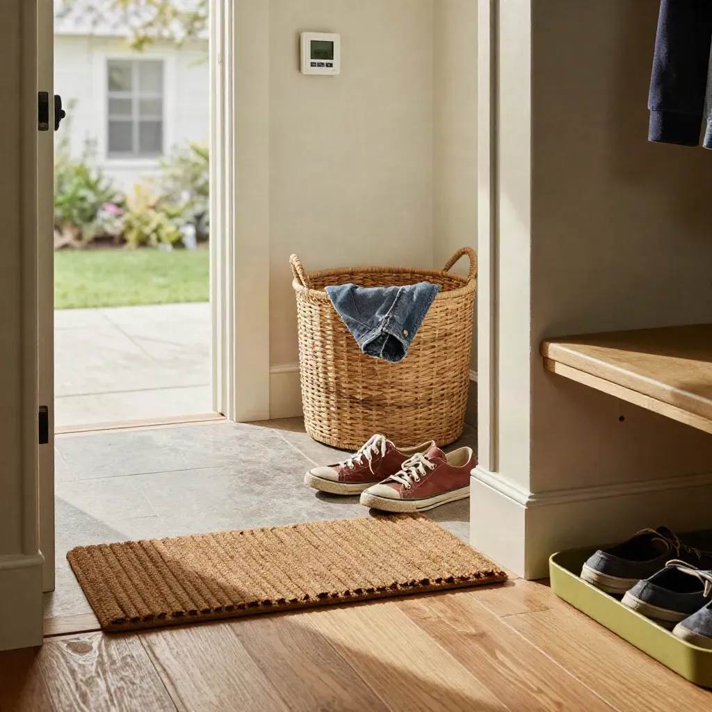 Mudroom shoes, laundry basket, and thermostat in soft daylight, caught mid-pause at the doorway.