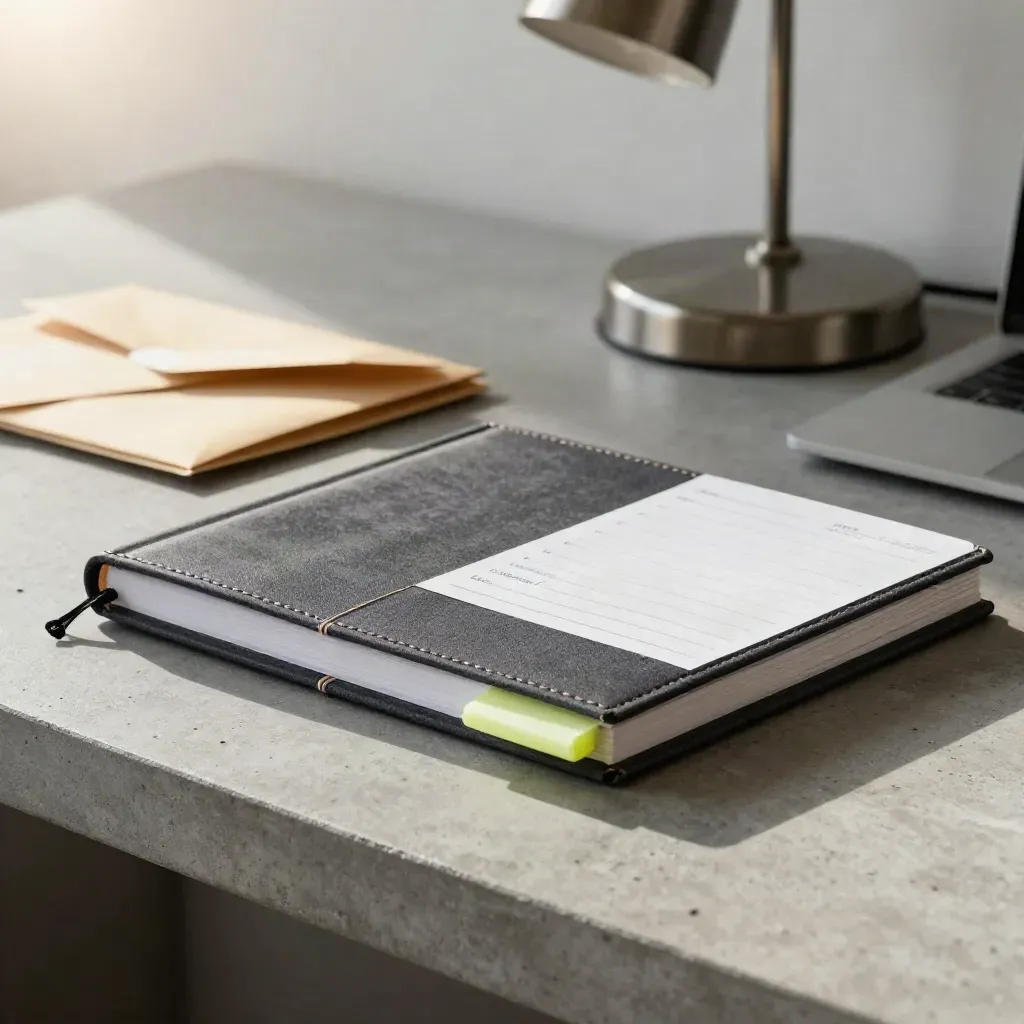 Closed ledger notebook and face-down utility envelopes beside a lamp on a concrete desk in soft glow.